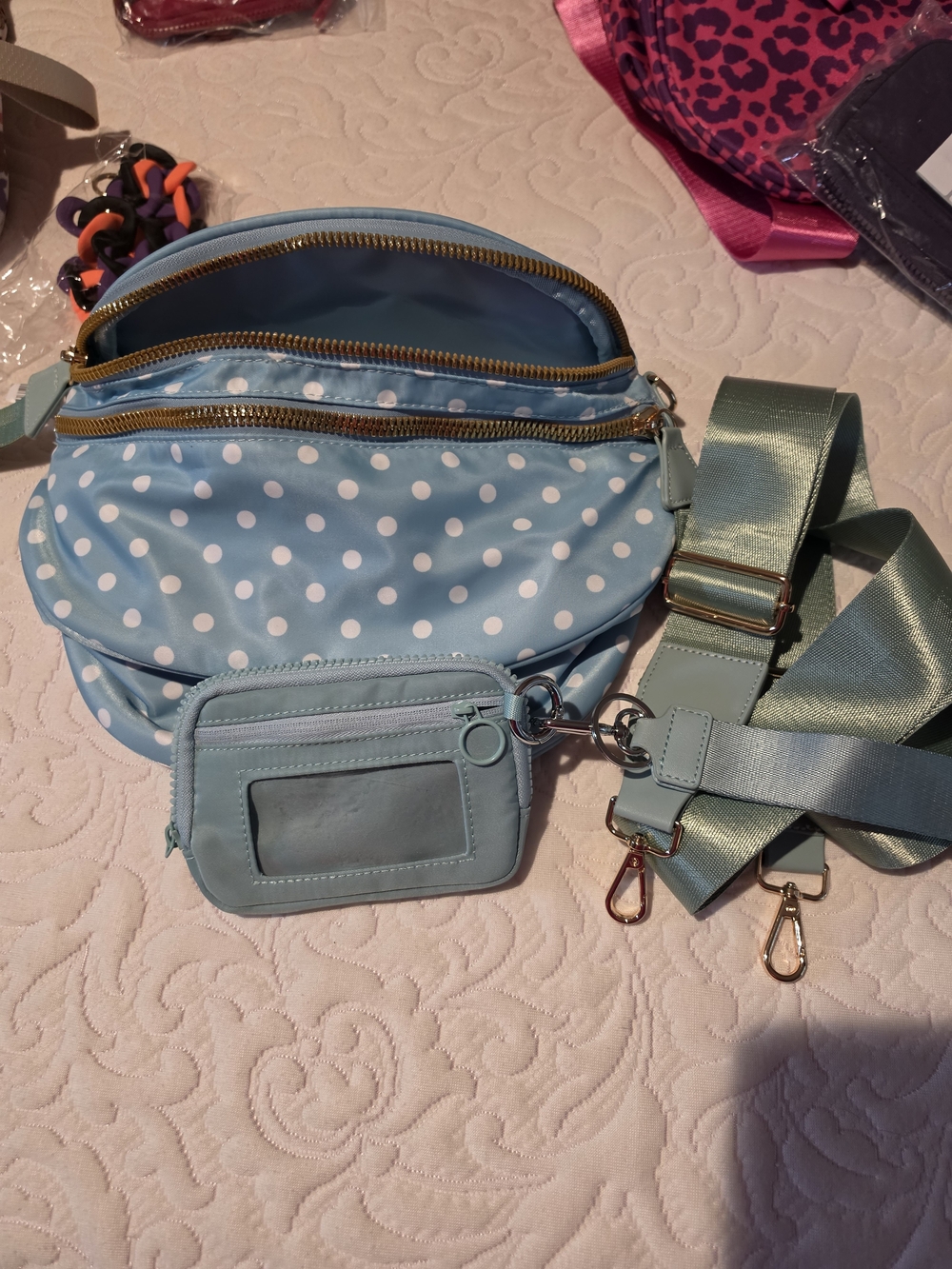 Light Blue Polka Dot Crossbody Bag with Removable Strap With Card Wristlet